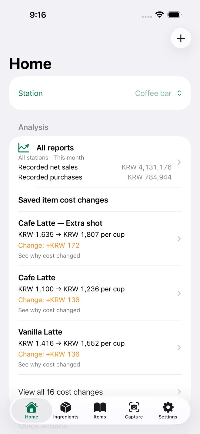 Kitchen Margin Home showing saved menu costs and cost-change insights